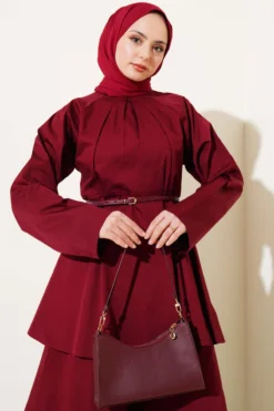 Alternative view of Collared Belted Poplin Two-Piece Set Burgundy