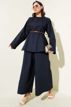 Collared Belted Poplin Two-Piece Set Navy Blue