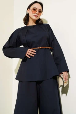 Alternative view of Collared Belted Poplin Two-Piece Set Navy Blue