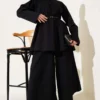 Collared Belted Poplin Two-Piece Set Black