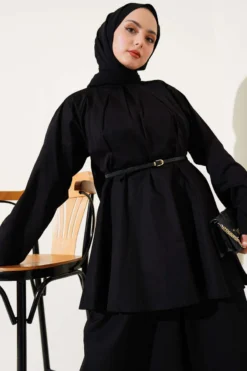 Alternative view of Collared Belted Poplin Two-Piece Set Black