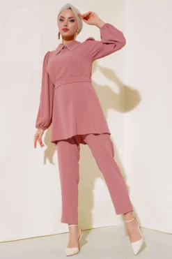 Alternative view of Two-Piece Set with Stone Detail on Collar Powder Pink