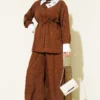 Stone-Embellished Hidden Button Two-Piece Set Brown wholesale clothing set view 2 - Hicabistan Turkey factory