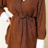 Stone-Embellished Hidden Button Two-Piece Set Brown wholesale clothing set view 4 - Hicabistan Turkey factory
