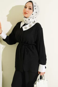 Stone-Embellished Hidden Button Two-Piece Set Black all'ingrosso clothing set view 2 - Hicabistan fabbrica Turchia