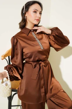 Beaded Collar Satin Two-Piece Set Brown