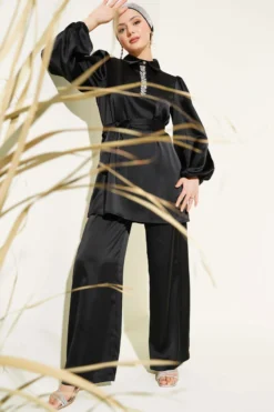 Beaded Collar Satin Two-Piece Set Black