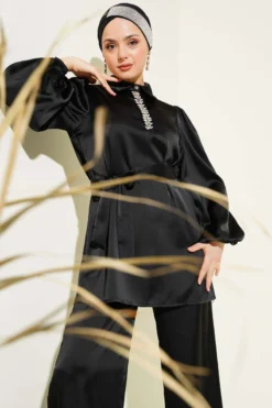 Alternative view of Beaded Collar Satin Two-Piece Set Black