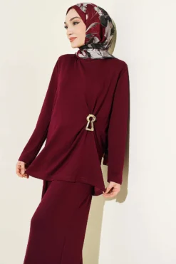 Side Ruched Detail Lounge Two-Piece Set Burgundy wholesale clothing set view 2 - Hicabistan Turkey factory