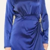 Side Gathered Satin Evening Dress with Gold Buckle Navy Blue بالجملة dress view 4 - Hicabistan مصنع تركيا