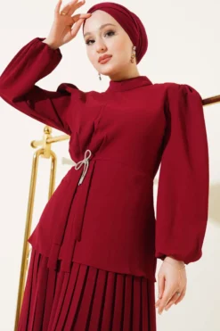 Alternative view of Side Gathered Pleated Skirt Two-Piece Set Burgundy