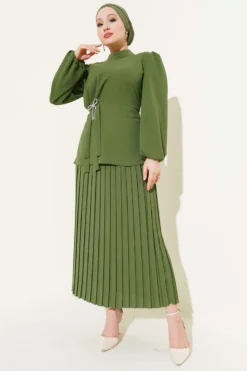 Side Gathered Pleated Skirt Two-Piece Set Khaki