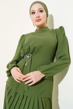 Alternative view of Side Gathered Pleated Skirt Two-Piece Set Khaki