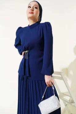 Alternative view of Side Gathered Pleated Skirt Two-Piece Set Navy Blue