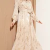 Side Tied Button Jacquard Dress Beige en gros dress view 2 - Hicabistan usine Turquie