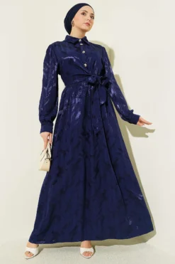 Side Tied Button Jacquard Dress Navy Blue en gros dress - Hicabistan usine Turquie