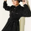 Side Tied Button Jacquard Dress Black en gros dress view 2 - Hicabistan usine Turquie