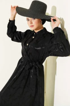 Side Tied Button Jacquard Dress Black en gros dress view 2 - Hicabistan usine Turquie
