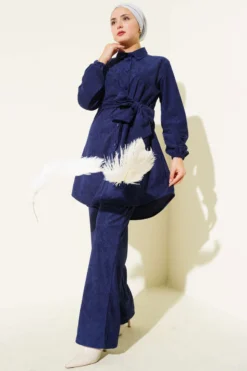 Side Tied Velvet Ribbed Two-Piece Set Navy Blue