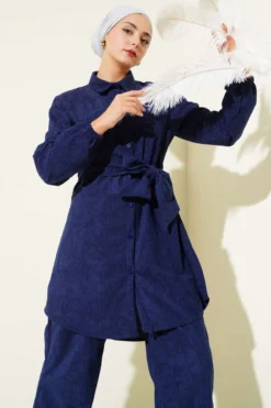 Alternative view of Side Tied Velvet Ribbed Two-Piece Set Navy Blue