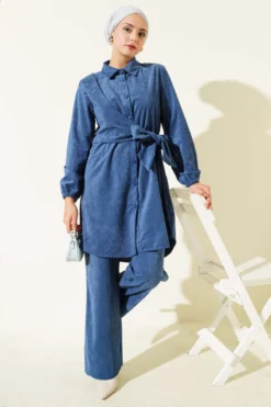 Alternative view of Side Tied Velvet Ribbed Two-Piece Set Blue