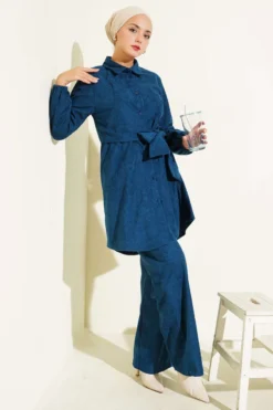 Alternative view of Side Tied Velvet Ribbed Two-Piece Set Petrol