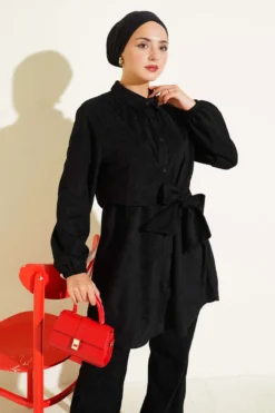 Alternative view of Side Tied Velvet Ribbed Two-Piece Set Black