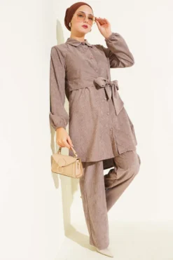 Alternative view of Side Tied Velvet Ribbed Two-Piece Set Mink