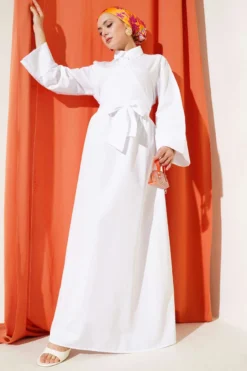 Side-Tied Half Cross Button Dress White