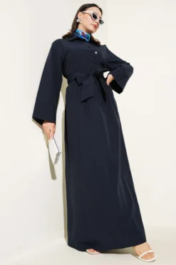 Side-Tied Half Cross Button Dress Navy Blue