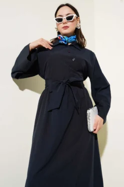 Alternative view of Side-Tied Half Cross Button Dress Navy Blue