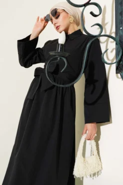 Side-Tied Half Cross Button Dress Black