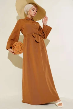 Side-Tied Half Cross Button Dress Tan