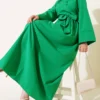 Side-Tied Half Cross Button Dress Green al por mayor dress - Hicabistan fábrica Turquía