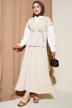 Side Tie Skirt Two-Piece Set Beige