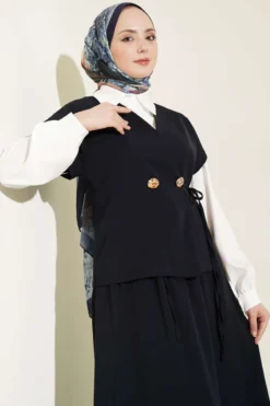 Side Tie Skirt Two-Piece Set Navy Blue all'ingrosso clothing set view 2 - Hicabistan fabbrica Turchia
