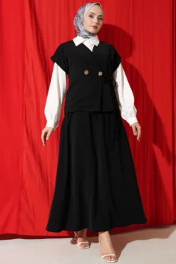 Side Tie Skirt Two-Piece Set Black all'ingrosso clothing set view 2 - Hicabistan fabbrica Turchia