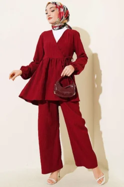 Side Tie Crinkled Two-Piece Set Burgundy wholesale clothing set - Hicabistan Turkey factory