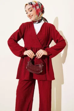 Side Tie Crinkled Two-Piece Set Burgundy wholesale clothing set view 2 - Hicabistan Turkey factory