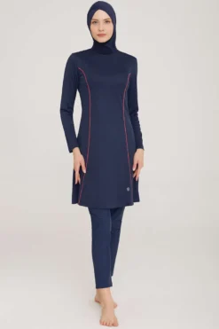 Costume da bagno modesto con dettagli a righe laterali, blu scuro
