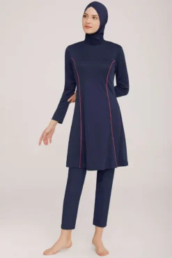 Vista alternativa di Side Stripe Detailed Modest Swimsuit Dark Navy