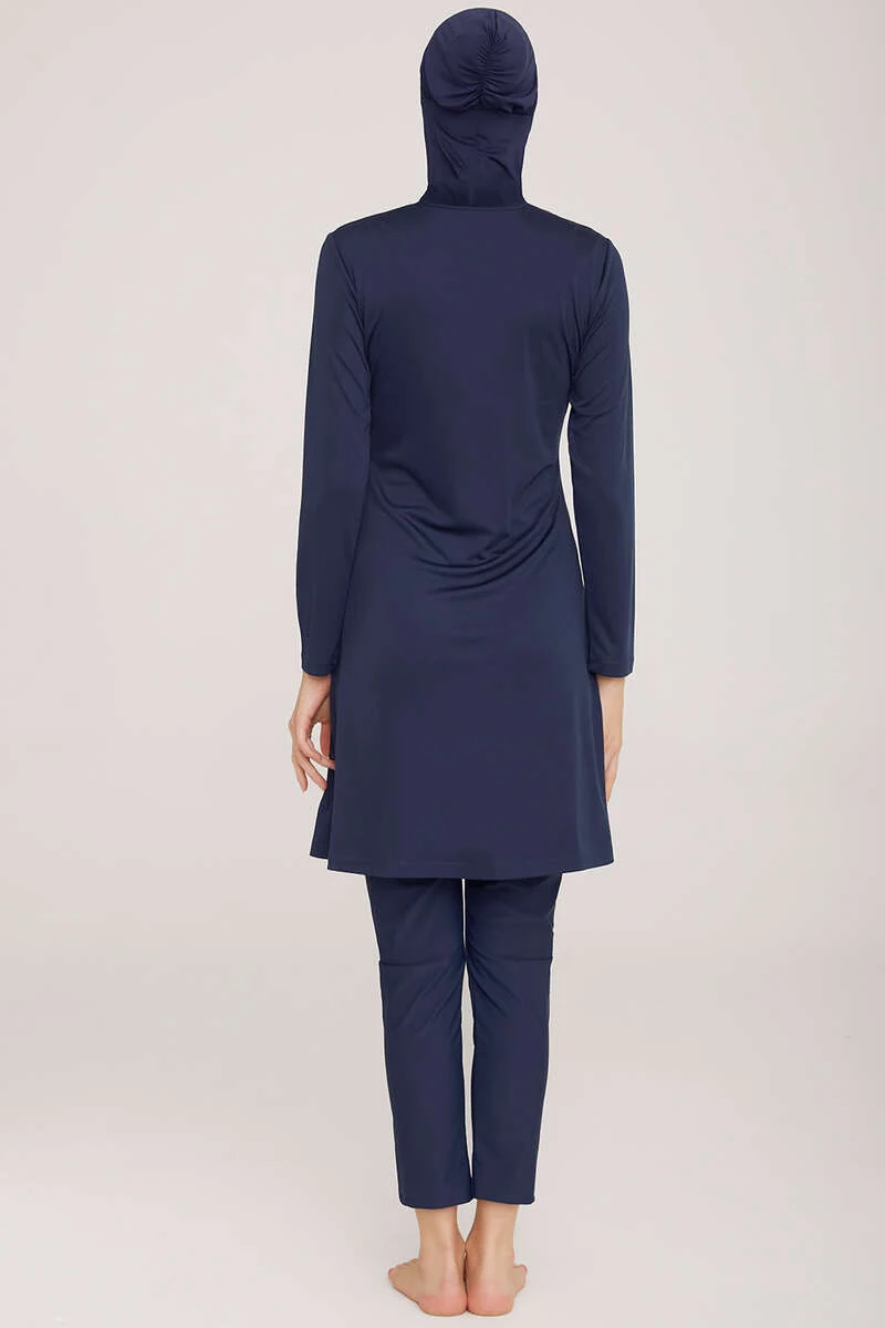 Side Stripe Detailed Modest Swimsuit Dark Navy - الصورة 3
