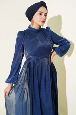Side Detail Ruched Evening Dress Navy Blue بالجملة dress view 2 - Hicabistan مصنع تركيا