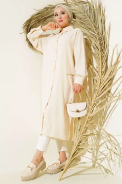 Side Slit Striped Long Shirt Stone