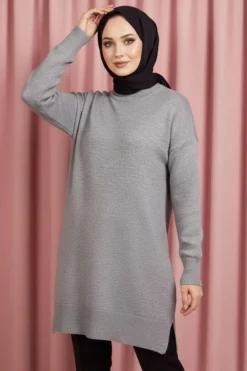 Side Slit Soft Long Knit Tunic Grey