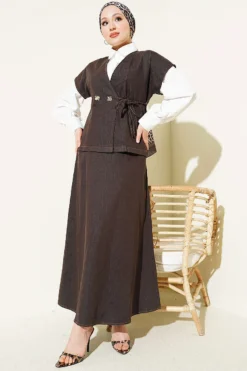Side Tied Vest and Skirt Denim Set Brown