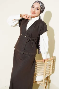 Alternative view of Side Tied Vest and Skirt Denim Set Brown
