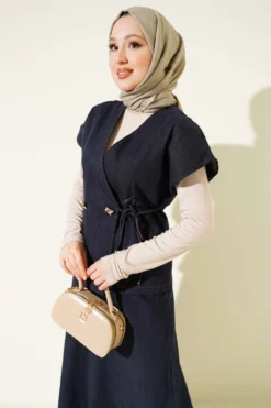 Side Tied Vest and Skirt Denim Set Navy Blue all'ingrosso clothing set view 2 - Hicabistan fabbrica Turchia