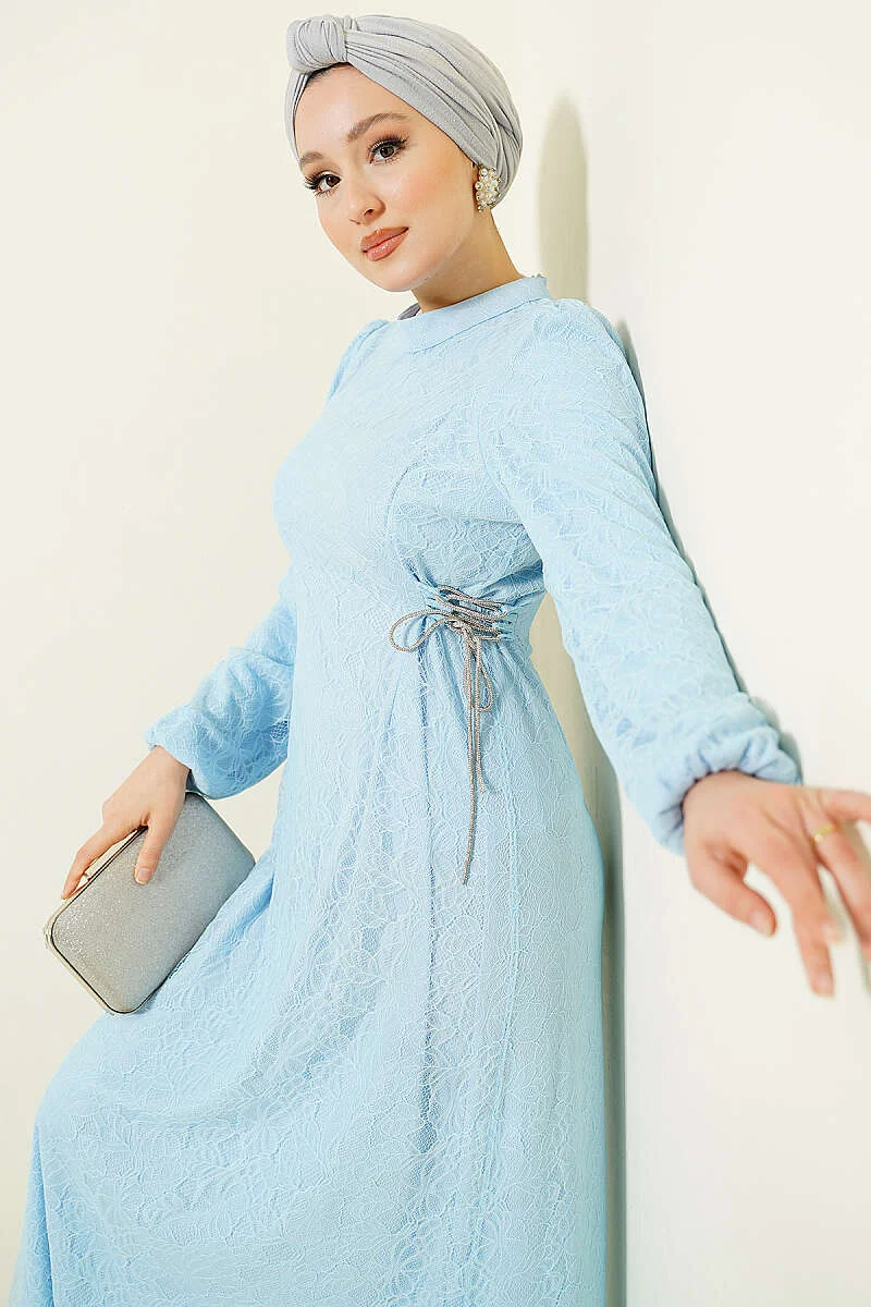 Side-Tied Lace Evening Dress Baby Blue بالجملة dress view 2 - Hicabistan مصنع تركيا