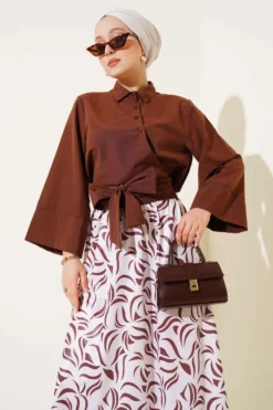 Alternative view of Side Tied Skirted Two-Piece Set Brown